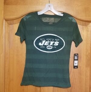 NFL New York Jets Sheer Green Striped Tee. NWT Juniors Size 3/5.